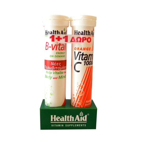 HEALTH AID promo B-vital με γεύση βερύκοκο 20eff. tabs & δώρο vitamin C 1000mg με γεύση πορτοκάλι 20eff. tabs