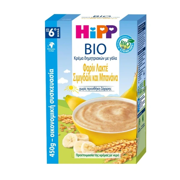 HIPP bio κρέμα δημητριακών με γάλα φαρίν λακτέ σιμιγδάλι και μπανάνα 450gr