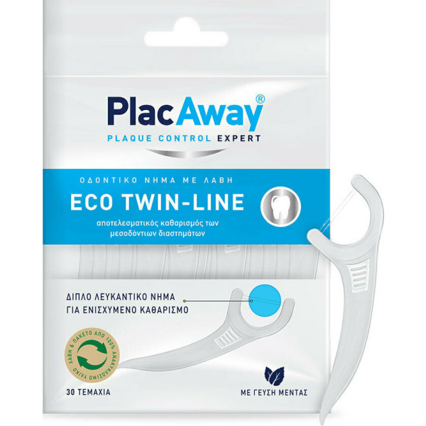 PLACAWAY eco-twin line διπλό λευκαντικό οδοντικό νήμα με λαβή 30τμχ