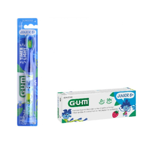 GUM promo οδοντόβουρτσα junior 6+ soft timer light μπλε & δώρο οδοντόκρεμα junior 6+ 50ml