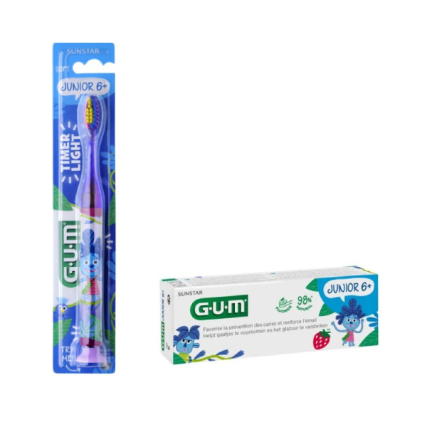 GUM promo οδοντόβουρτσα junior 6+ soft timer light μωβ & δώρο οδοντόκρεμα junior 6+ 50ml