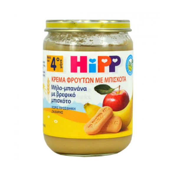 HIPP κρέμα φρούτων με μήλο μπανάνα & βρεφικό μπισκότο από τον 4ο μήνα 190gr