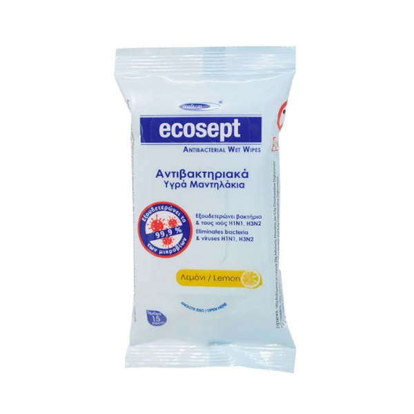 ECOFARM ecosept υγρά αντιβακτηριακά μαντηλάκια με άρωμα λεμόνι 15τμχ