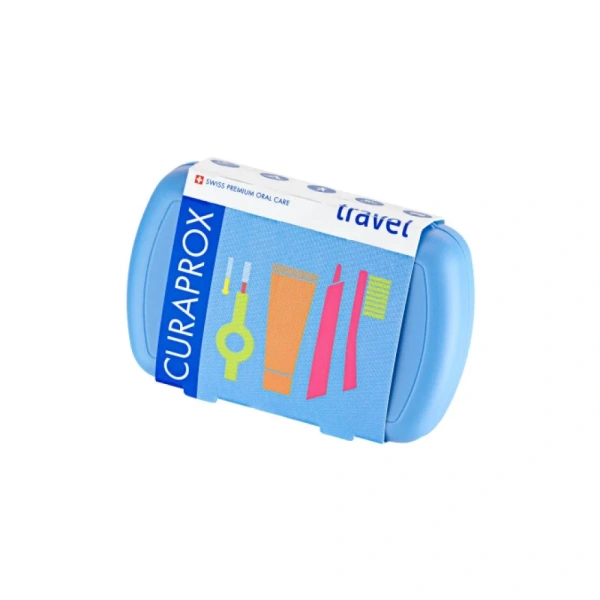 CURAPROX travel kit με οδοντόκρεμα 10ml, οδοντόβουρτσα πτυσσόμενη, μεσοδόντιο βουρτσάκι καθαρισμού & κουτί μεταφοράς μπλε