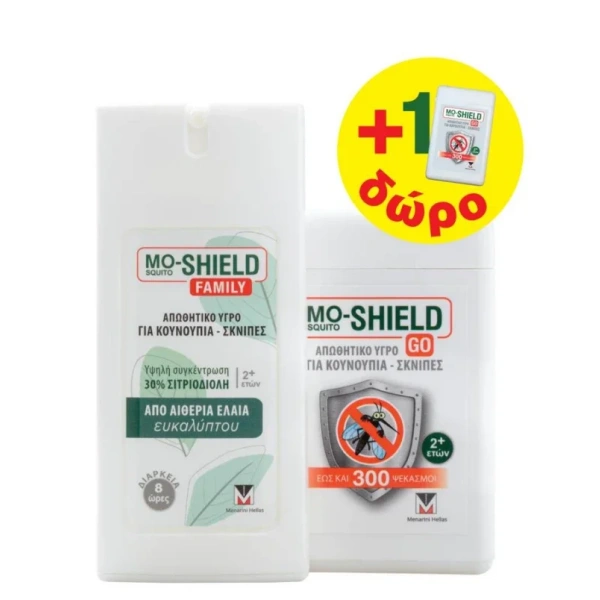 MENARINI Mo-Shield  family promo απωθητικό σπρέι για κουνούπια & σκνίπες 75ml & δώρο go απωθητικό σπρέι για κουνούπια & σκνίπες 17ml