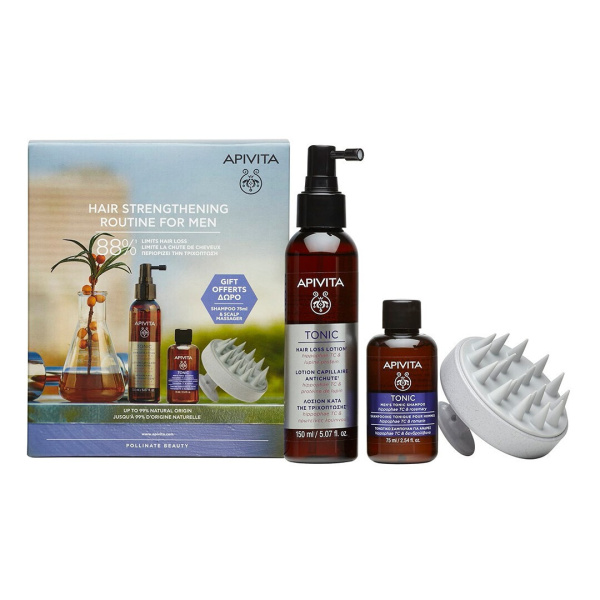 APIVITA promo tonic hair loss lotion κατά της τριχόπτωσης 150ml & men's tonic shampoo 75ml & δώρο scalp massager