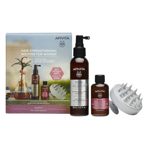 APIVITA promo tonic hair loss lotion κατά της τριχόπτωσης 150ml & women's tonic shampoo 75ml & δώρο scalp massager