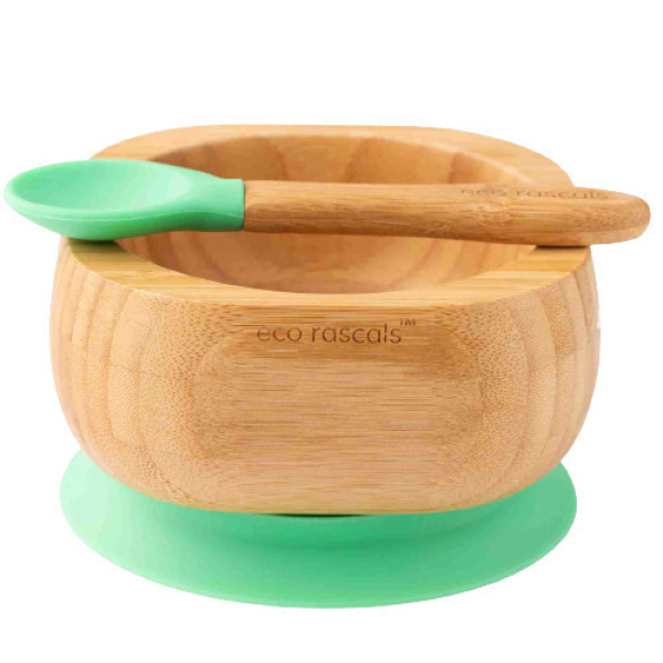 ECO RASCALS bowl & spoon πιάτο bamboo με χωρίσματα και σιλικόνη πράσινο 1σετ