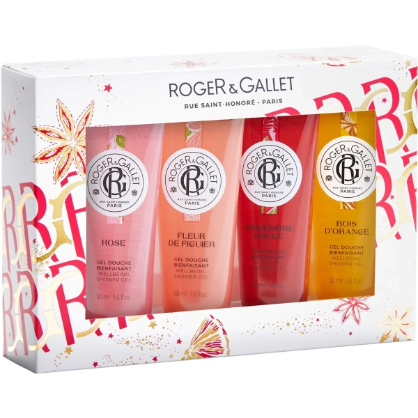 ROGER & GALLET promo xmas wellbeing shower gels collection rose 50ml & fleur de figuier 50ml & gingembre rouge 50ml & bois d’ orange 50ml