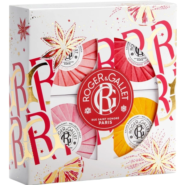 ROGER & GALLET promo xmas wellbeing soaps collection fleur de figuier 50g & gingembre rouge 50g & bois d’ orange 50g & rose soap bar 50g