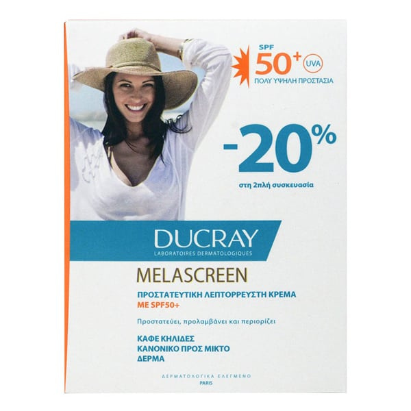 DUCRAY promo melascreen anti-spots fluid λεπτόρρευστη αντηλιακή κρέμα προσώπου για κανονικό/ μικτό δέρμα 2x50ml