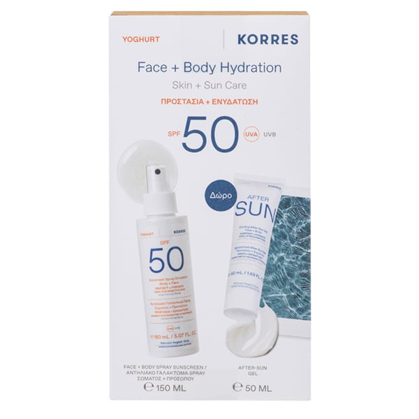 KORRES promo sunscreen yoghurt spray emulsion προσώπου & σώματος spf50 150ml + after sun gel  προσώπου & σώματος 50ml