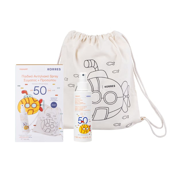 KORRES promo sunscreen yoghurt παιδικό αντηλιακό spray σώμα & πρόσωπο spf50 150ml + υφασμάτινο back pack για ζωγραφική